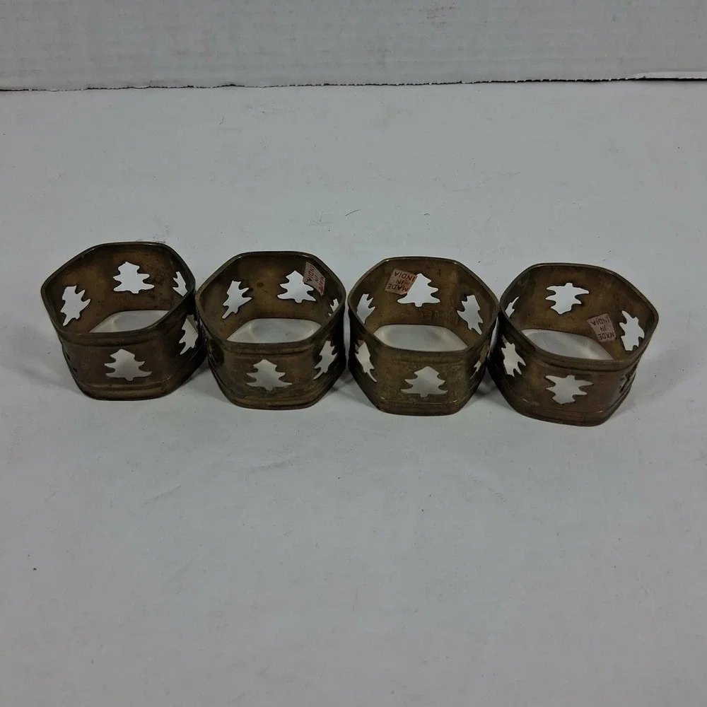 Vintage Brass Christmas Tree Napkin Rings Set of 4 Hexagon Holiday Gold‎ India